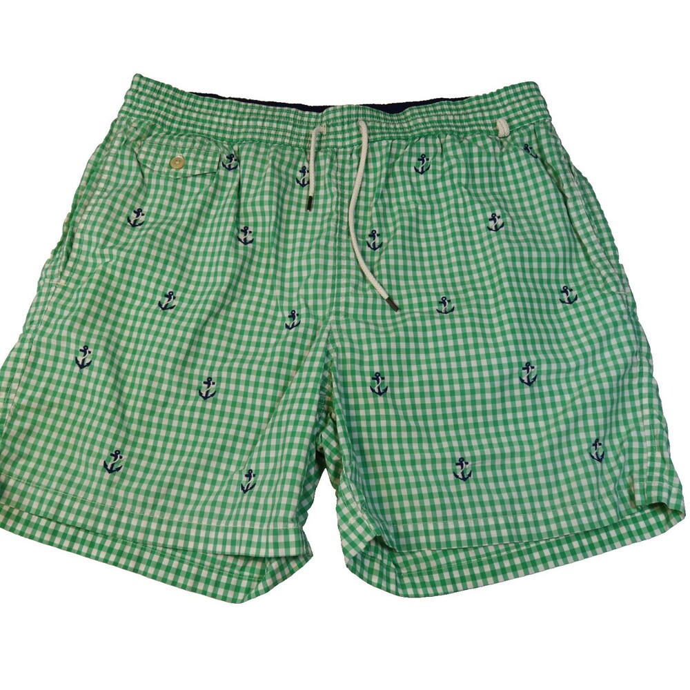 Polo Ralph Lauren Mens Swim Trunks Medium Green Gingham Embroidered Anchors